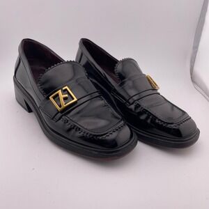 Franco Sarto Gloria Black‎ Patent Leather Loafers Women US 7M EU 37 Gold FF Logo